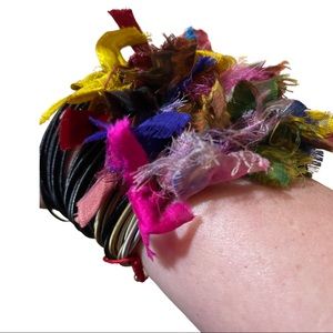 Handmade Vintage elastic bracelets set of 4 multi strand with vintage ribbon